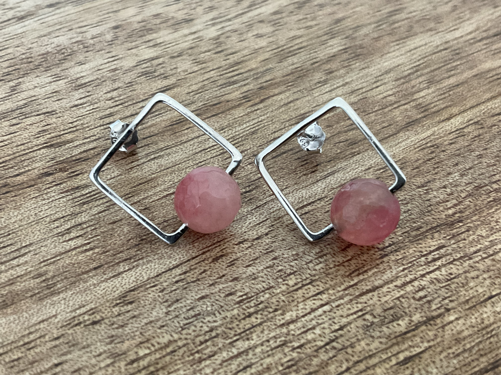 Pink Jade Square Gemstone Stud Earrings - Click Image to Close